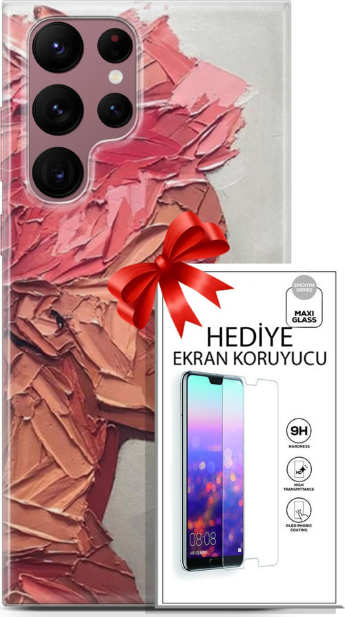 Samsung Galaxy S22 Ultra Kılıf Orijinal Seri Soul 08 Pembe Baskılı Kılıf + Ekran Koruyucu