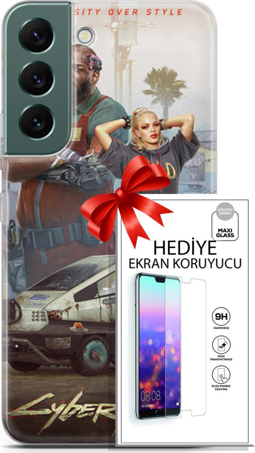 Samsung Galaxy S22 Kılıf Orijinal Seri Cyberpunk 21 2077 Darbe Önleyici Kapak + Ön Ekran Koruyucu