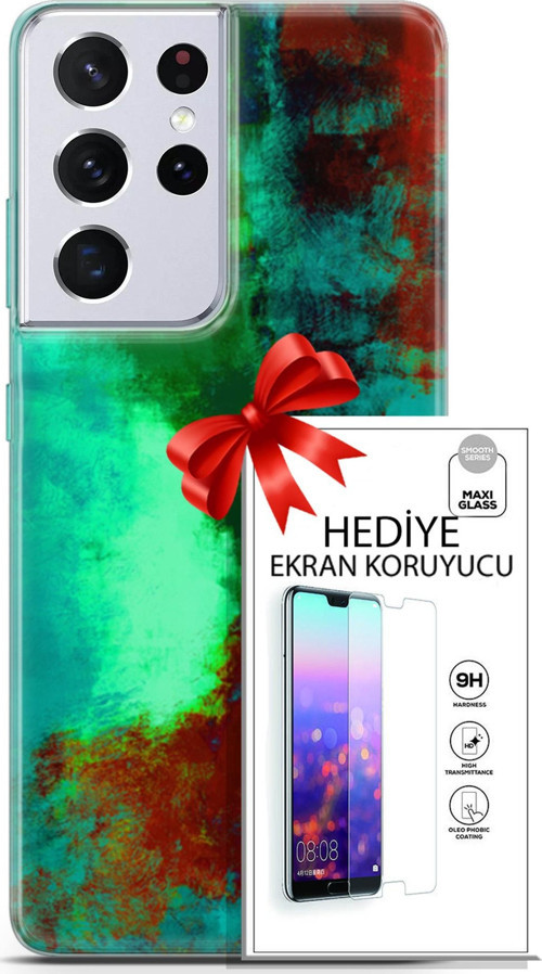 Samsung Galaxy S21 Ultra Kılıf Orijinal Seri Nature 20 Yeşil Kahve Renkli Kılıf Ekran Koruyucu