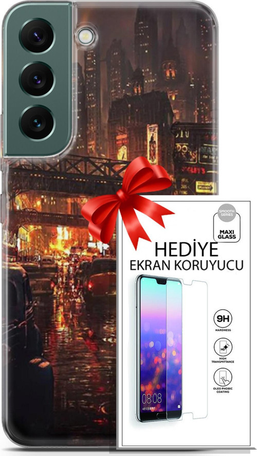 Samsung Galaxy S22 Kılıf Orijinal Seri Cyberpunk 23 Gökdelenler Telefon Kabı Ve Ekran Koruyucu