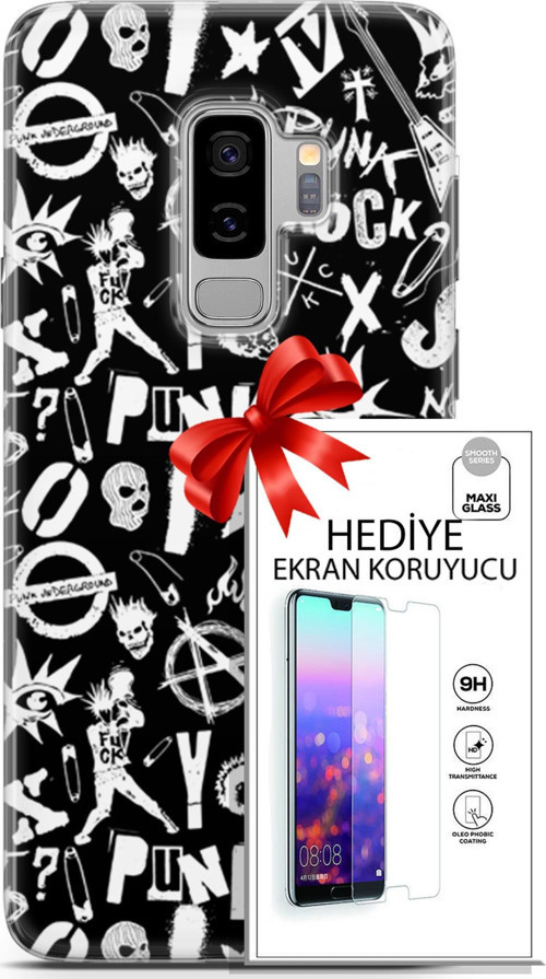 Samsung Galaxy S9 Plus Kılıf Orijinal Seri Punky 18 Rock Punk Parlak Kılıf + Ekran Koruyucu Full Koruma