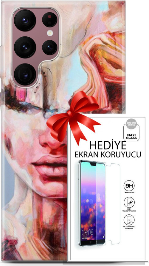 Samsung Galaxy S22 Ultra Kılıf Orijinal Seri Soul 14 Beyaz Kırmızı Cover Kılıf + Ön Ekran Koruyucu