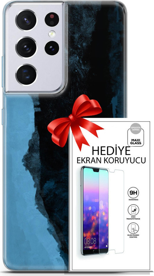 Samsung Galaxy S21 Ultra Kılıf Orijinal Seri Nature 24 Mavi Siyah Darbe Emici Kılıf + Ekran Koruyucu