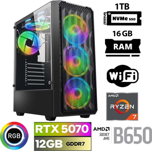 Thunder x50 Ryzen 7 7700 16GB DDR5 Ram 1TB M.2 NVMe SSD 12GB RTX5070 Masaüstü Oyuncu Bilgisayarı