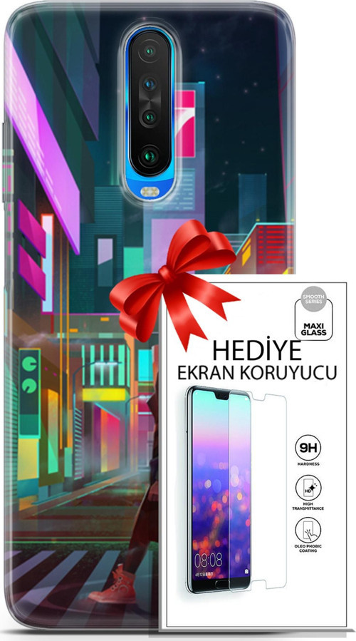 Xiaomi Redmi K30 Kılıf Orijinal Seri Cyberpunk 05 Neon City Koruma Kılıfı + Ekran Koruyucu