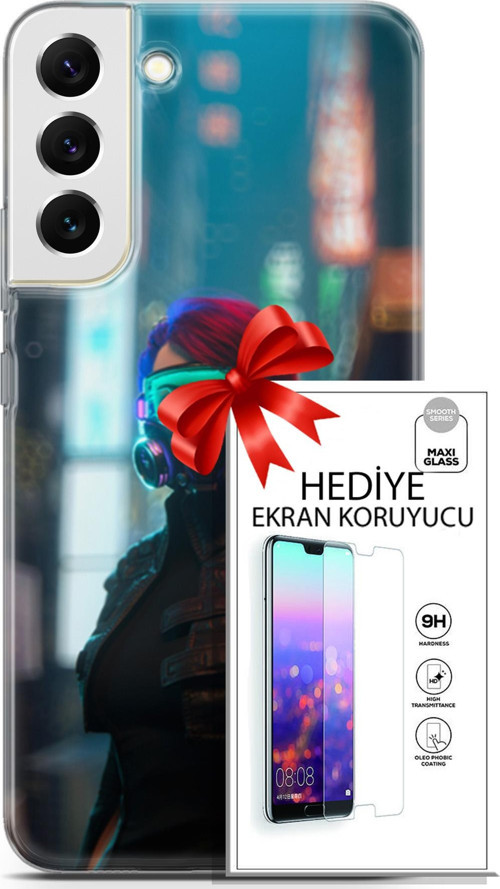 Samsung Galaxy S22 Plus Kılıf Orijinal Seri Cyberpunk 04 Vr Glass Silikon Kılıf + Ekran Koruyucu Ful