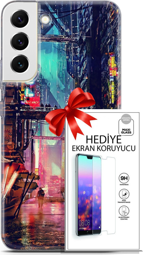 Samsung Galaxy S22 Plus Kılıf Orijinal Seri Cyberpunk 14 Motel Cover Kılıf + Ön Ekran Koruyucu