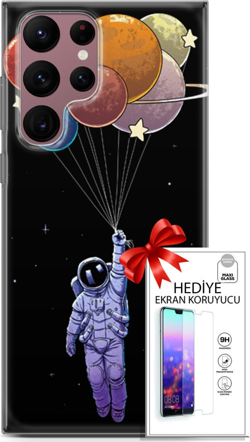 Samsung Galaxy S22 Ultra Kılıf Orijinal Seri Algorand 07 Uçan Balon Astronot Desenli Kılıf + Ön Ekran Koruyucu