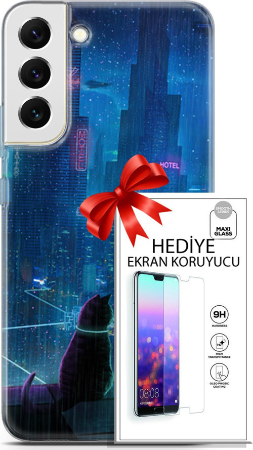 Samsung Galaxy S22 Plus Kılıf Orijinal Seri Cyberpunk 16 Cyber Cat Hediyelik Kılıf Ve Ekran Koruyucu