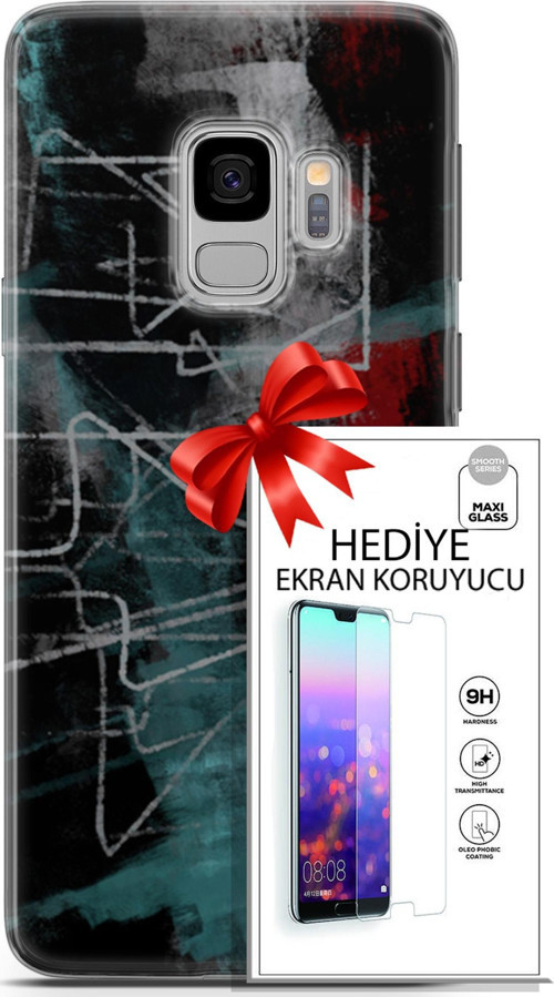 Samsung Galaxy S9 Kılıf Orijinal Seri Nature 07 Gri Çizgiler Desenli Kılıf + Ön Ekran Koruyucu