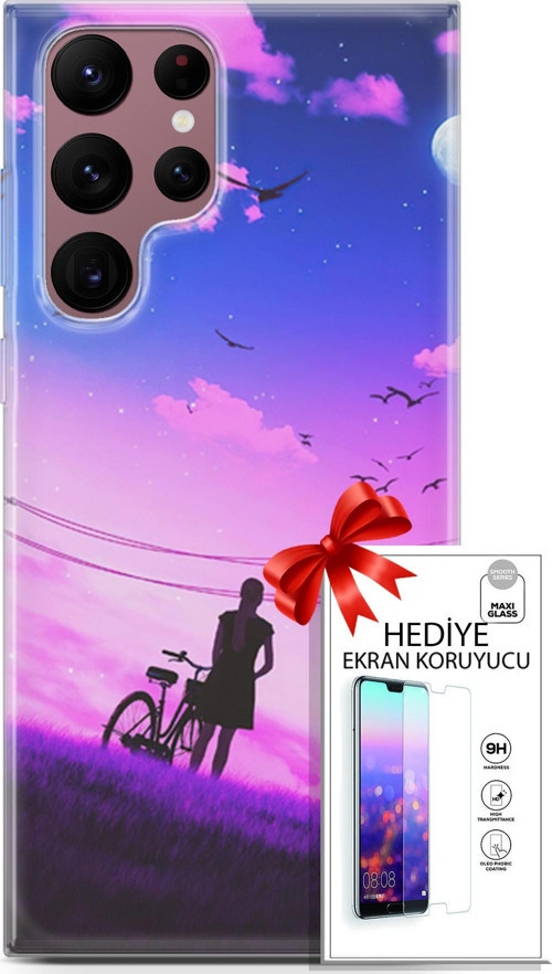 Samsung Galaxy S22 Ultra Kılıf Orijinal Seri Algorand 28 Bisikletli Kız İz Bırakmayan Kılıf + Ön Ekran Koruyucu