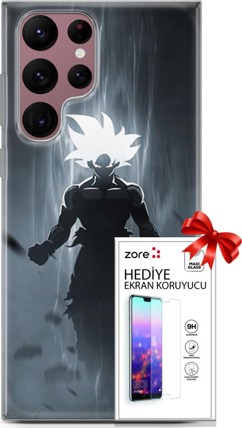 Samsung Galaxy S22 Ultra Kılıf Orijinal Seri Supers 27 Dark Goku Lazer Kesim Silikon Ekran Koruyucu