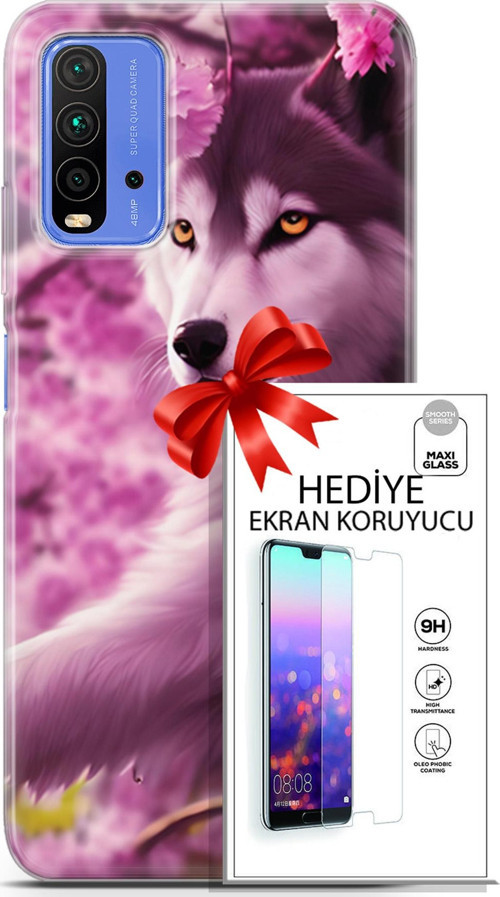 Xiaomi Redmi 9T Kılıf Orijinal Seri Dogs 02 Çiçekler Ve Kurt Kapak Ve Ekran Koruyucu