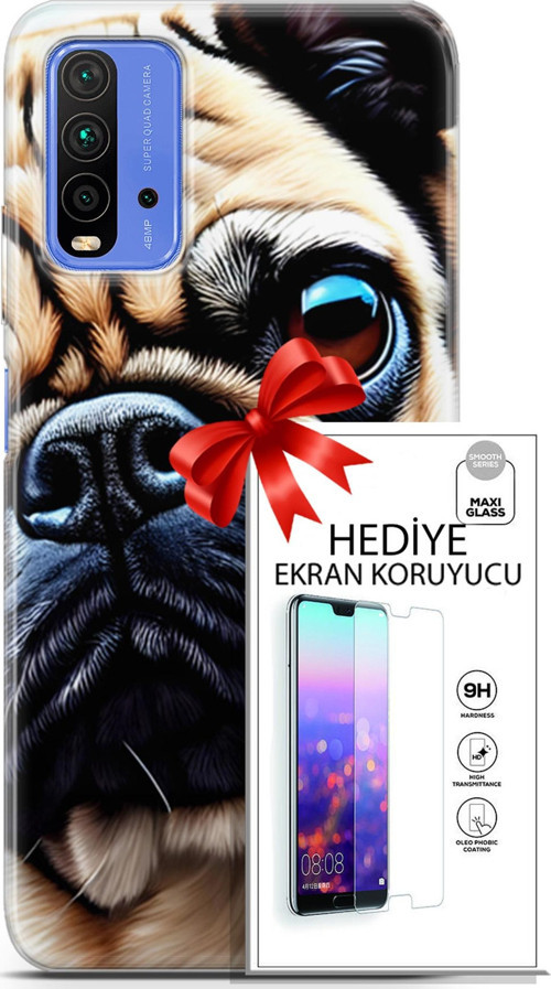 Xiaomi Redmi 9T Kılıf Orijinal Seri Dogs 08 Pug Baskılı Kılıf + Ekran Koruyucu