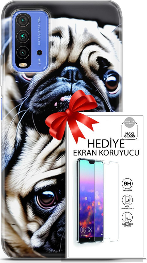 Xiaomi Redmi 9T Kılıf Orijinal Seri Dogs 20 İkili Pug Renkli Kılıf Ekran Koruyucu