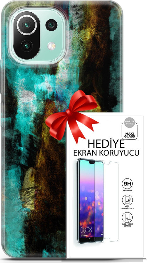 Xiaomi 11 Lite 5G Ne Kılıf Orijinal Seri Nature 12 Kahve Yeşil Tasarım Kılıf + Ekran Koruyucu