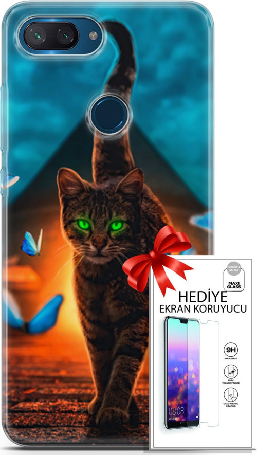 Xiaomi Mi 8 Lite Kılıf Orijinal Seri Algorand 09 Yeşil Neon Kedi Uv Kılıf Ve Ekran Koruyucu