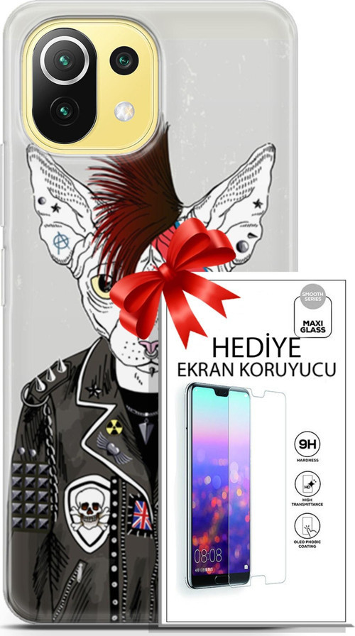 Xiaomi 11 Lite 5G Kılıf Orijinal Seri Punky 06 Punk Kedi Sfenks Koruyucu Kapak Ekran Koruyucu