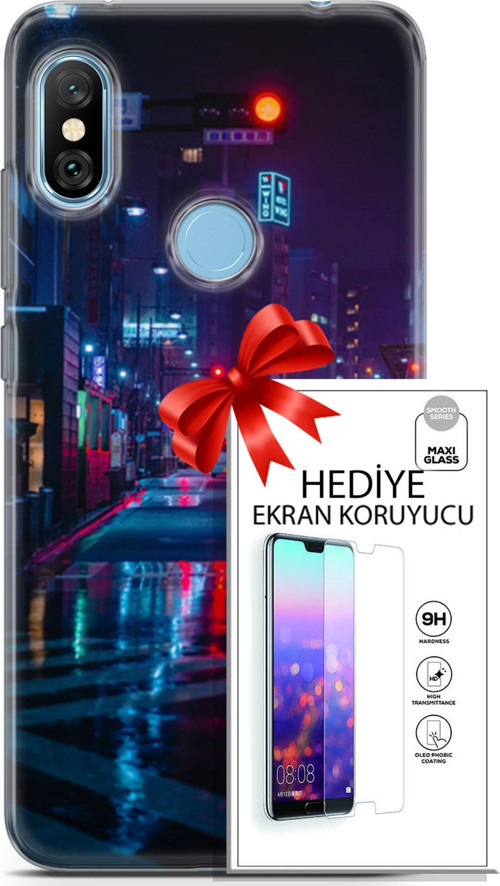 Xiaomi Redmi Note 6 Pro Kılıf Orijinal Seri Cyberpunk 15 Neon Cadde Kalın Silikon + Ekran Koruyucu