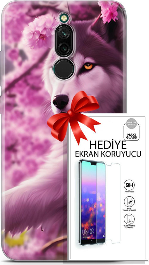 Xiaomi Redmi 8 Kılıf Orijinal Seri Dogs 02 Çiçekler Ve Kurt Kapak Ve Ekran Koruyucu