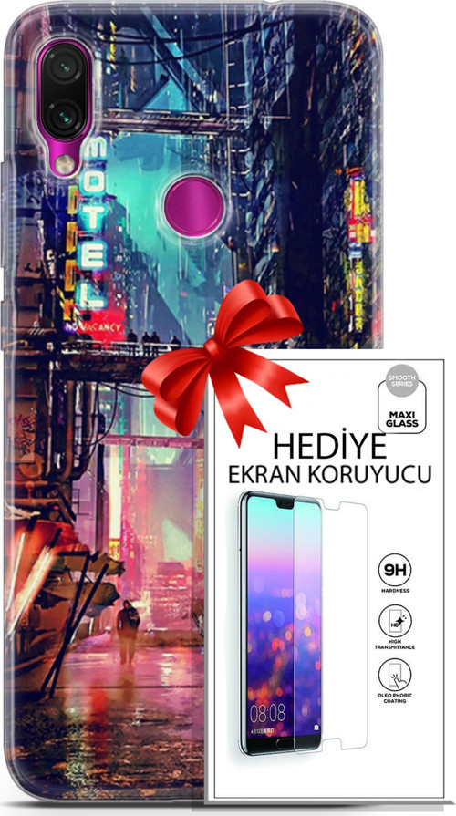 Xiaomi Redmi Note 7 Kılıf Orijinal Seri Cyberpunk 14 Motel Cover Kılıf + Ön Ekran Koruyucu