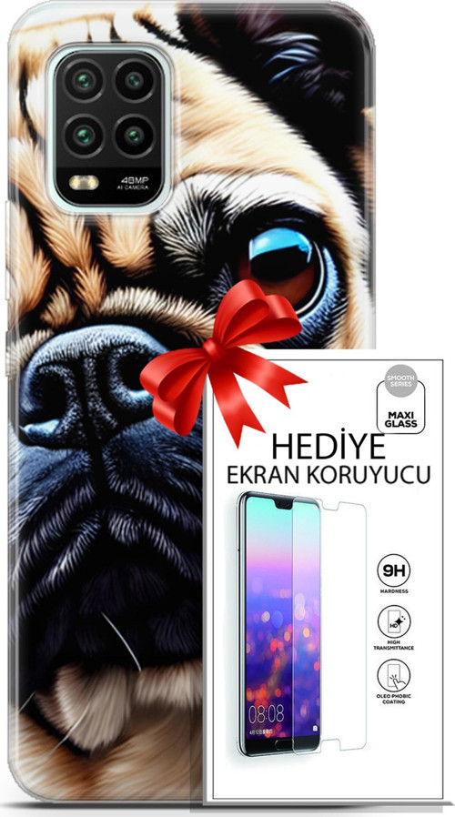 Xiaomi Mi 10 Lite 5G Kılıf Orijinal Seri Dogs 08 Pug Baskılı Kılıf + Ekran Koruyucu