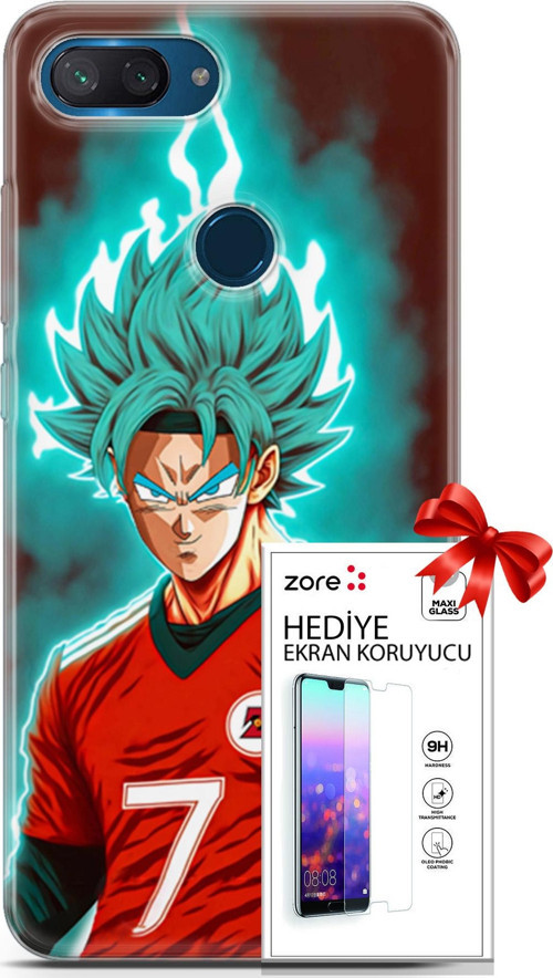 Xiaomi Mi 8 Lite Kılıf Orijinal Seri Supers 04 Goku Mavi Ejderha Silikon Kılıf + Ekran Koruyucu Full