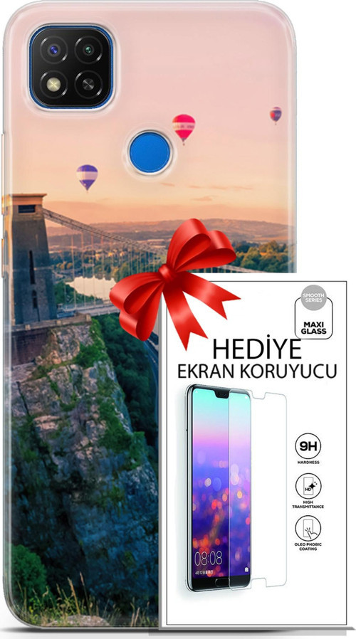 Xiaomi Redmi 9C Kılıf Orijinal Seri Fantasy 07 Köprü Balonlar Desenli Kılıf + Ön Ekran Koruyucu
