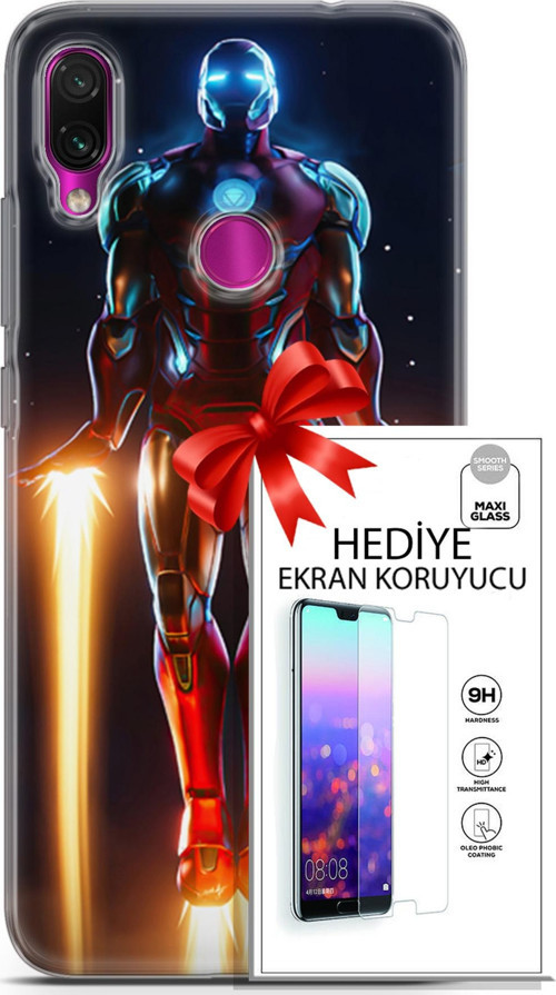 Xiaomi Redmi Note 7 Kılıf Orijinal Seri Dc 19 Iron Man Tam Koruma Kılıf + Ekran Koruyucu