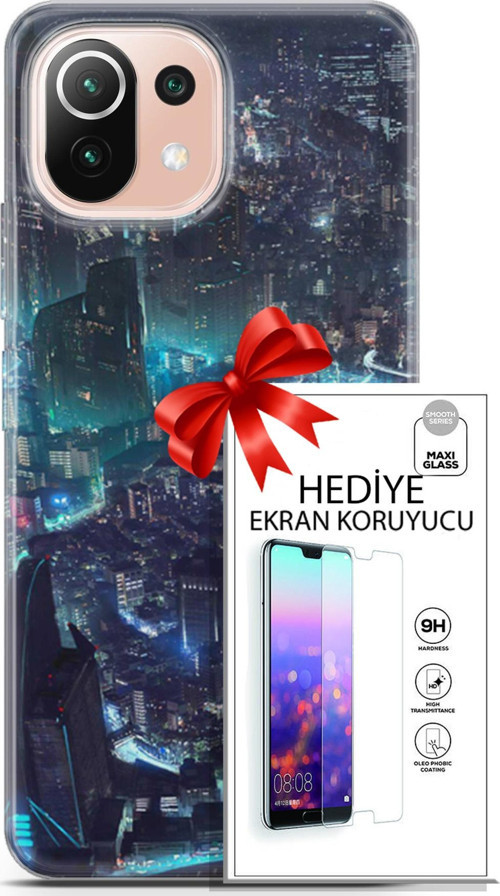 Xiaomi Mi 11 Lite Kılıf Orijinal Seri Cyberpunk 17 Işıklı Şehir Yumuşak Kılıf + Ekran Koruyucu