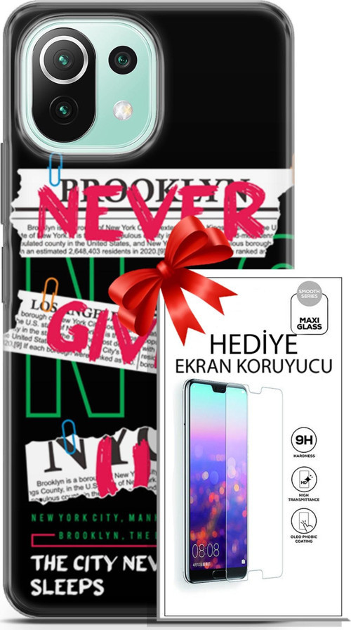 Xiaomi 11 Lite 5G Ne Kılıf Orijinal Seri Punky 21 Never Give Up Darbe Önleyici Kapak + Ön Ekran Koruyucu