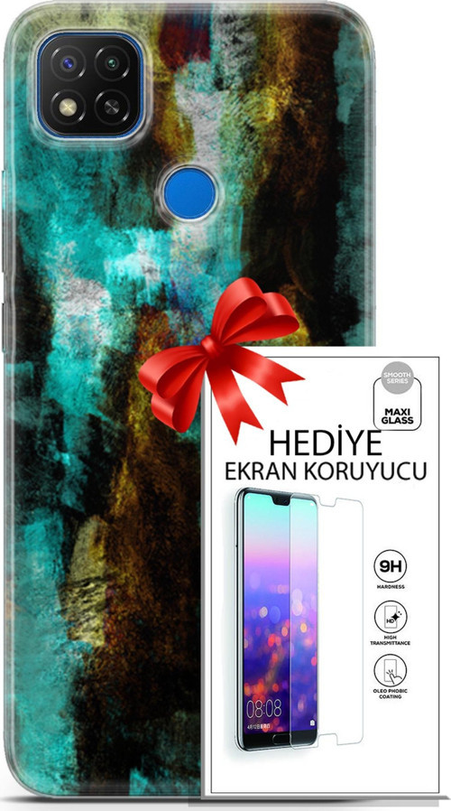 Xiaomi Redmi 9C Kılıf Orijinal Seri Nature 12 Kahve Yeşil Tasarım Kılıf + Ekran Koruyucu