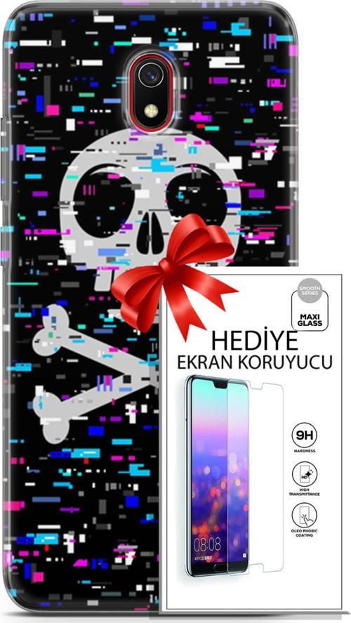 Xiaomi Redmi 8A Kılıf Orijinal Seri Cyberpunk 01 Kurukafa Telefon Kılıfı + Ekran Koruyucu