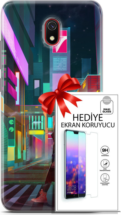 Xiaomi Redmi 8A Kılıf Orijinal Seri Cyberpunk 05 Neon City Koruma Kılıfı + Ekran Koruyucu