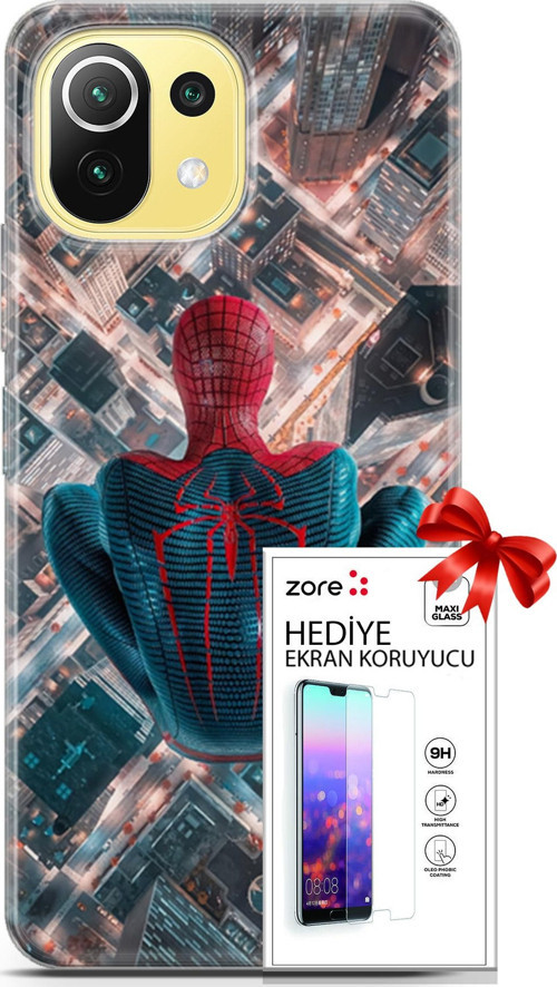 Xiaomi 11 Lite 5G Kılıf Orijinal Seri Supers 07 Spider Man Newyork Desenli Kılıf + Ön Ekran Koruyucu