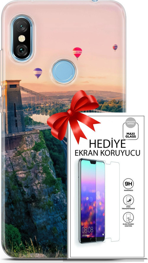 Xiaomi Redmi Note 6 Pro Kılıf Orijinal Seri Fantasy 07 Köprü Balonlar Desenli Kılıf + Ön Ekran Koruyucu