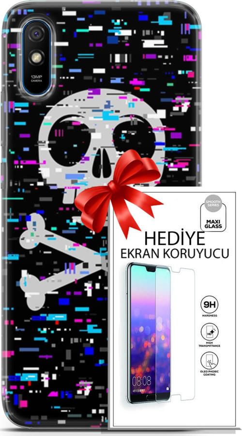 Xiaomi Redmi 9A Kılıf Orijinal Seri Cyberpunk 01 Kurukafa Telefon Kılıfı + Ekran Koruyucu