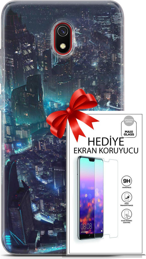 Xiaomi Redmi 8A Kılıf Orijinal Seri Cyberpunk 17 Işıklı Şehir Yumuşak Kılıf + Ekran Koruyucu