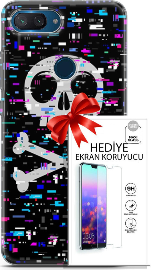 Xiaomi Mi 8 Lite Kılıf Orijinal Seri Cyberpunk 01 Kurukafa Telefon Kılıfı + Ekran Koruyucu