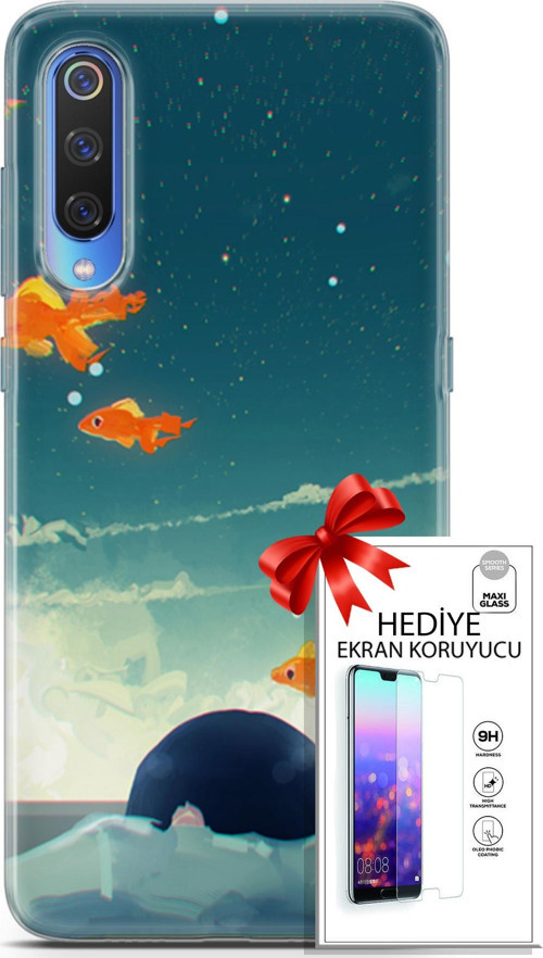 Xiaomi Mi 9 Kılıf Orijinal Seri Algorand 29 Uçan Balıklar Leke Tutmaz Kapak + Ekran Koruyucu