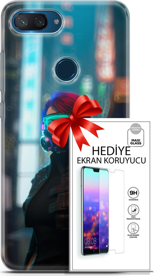Xiaomi Mi 8 Lite Kılıf Orijinal Seri Cyberpunk 04 Vr Glass Silikon Kılıf + Ekran Koruyucu Full Koruma