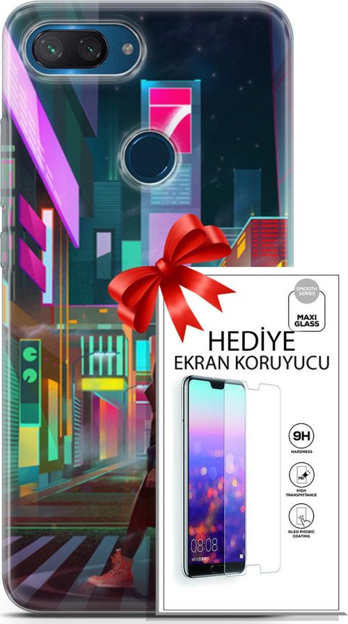 Xiaomi Mi 8 Lite Kılıf Orijinal Seri Cyberpunk 05 Neon City Koruma Kılıfı + Ekran Koruyucu