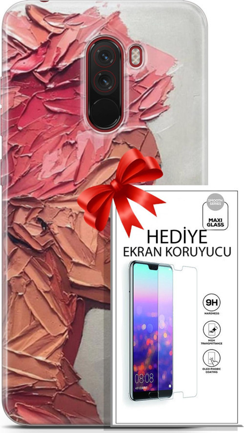 Xiaomi Pocophone F1 Kılıf Orijinal Seri Soul 08 Pembe Baskılı Kılıf + Ekran Koruyucu