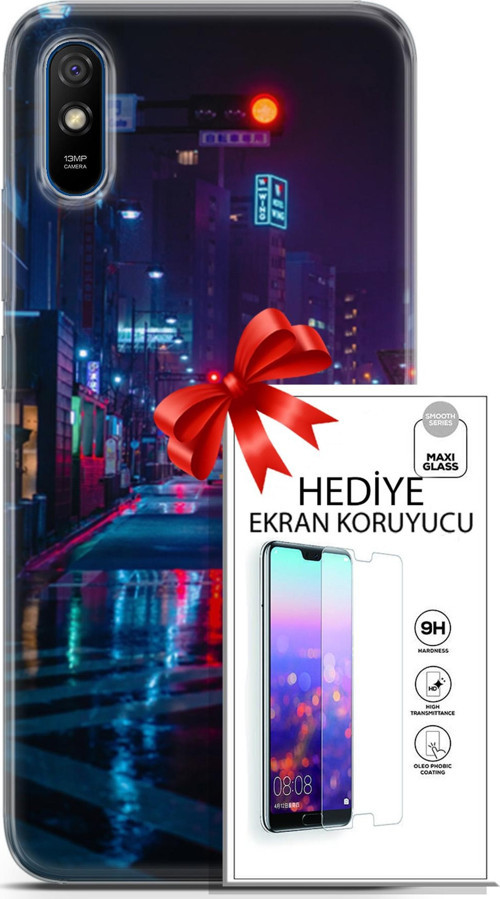 Xiaomi Redmi 9A Kılıf Orijinal Seri Cyberpunk 15 Neon Cadde Kalın Silikon + Ekran Koruyucu