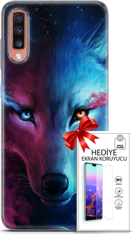 Samsung Galaxy A70 Kılıf Orijinal Seri Cardano 18 Mavi Turuncu Göz Parlak Kılıf + Ekran Koruyucu Ful