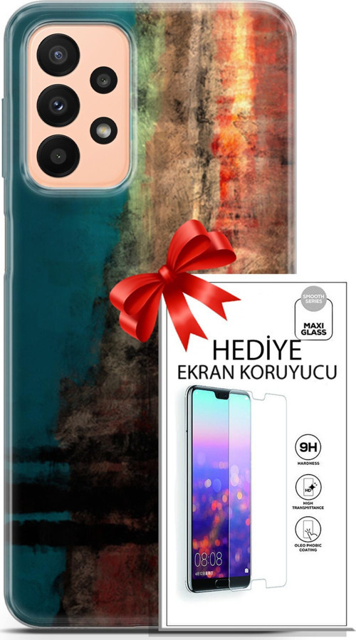 Samsung Galaxy A23 4G Kılıf Orijinal Seri Nature 03 Yeşil Turuncu Taş Arka Kapak + Ekran Koruyucu
