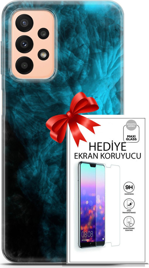 Samsung Galaxy A23 4G Kılıf Orijinal Seri Nature 15 Mavi Taşlar Kalın Silikon + Ekran Koruyucu