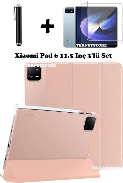 Xiaomi Pad 6 11 Inç 2023 Uyumlu Flip Smart Standlı Uyku Modlu Tablet Kılıfı + Ekran Koruyucu + Kalem