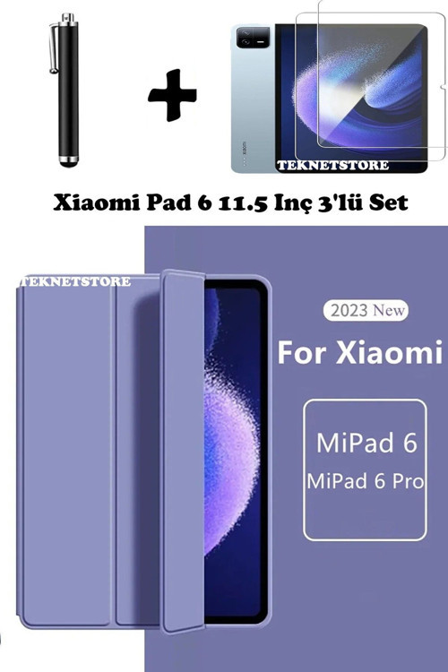 Xiaomi Pad 6 11 Inç 2023 Uyumlu Flip Smart Standlı Uyku Modlu Tablet Kılıfı + Ekran Koruyucu + Kalem