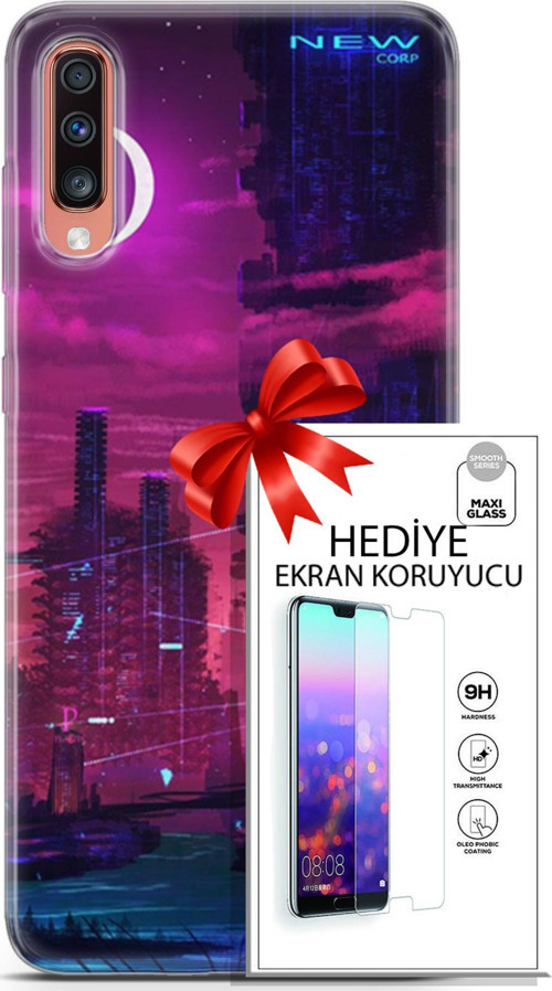 Samsung Galaxy A70 Kılıf Orijinal Seri Cyberpunk 27 New Corp Lazer Kesim Silikon Ekran Koruyucu